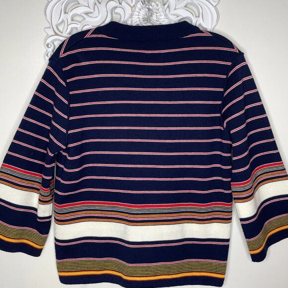 VTG VAMP by Koret size M Knit SWEATER V-Neck Button up 3/4 Sleeves Striped BLUE - Picture 7 of 16
